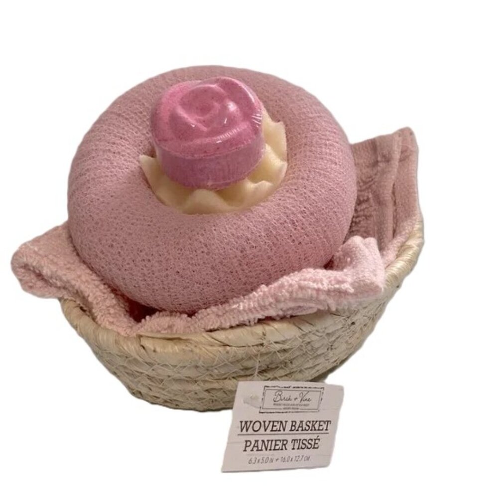 Beauty Gift Basket Pink Washcloth Scrubby Bath Fizzy Gift Set